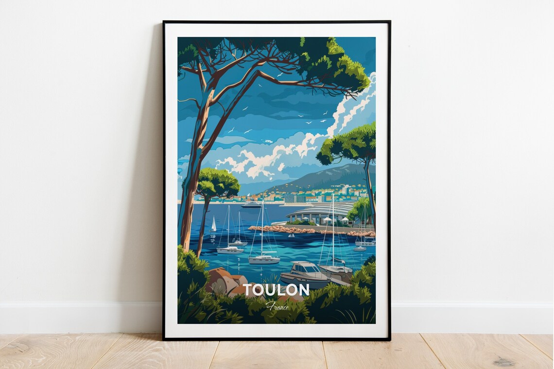 Toulon France Travel Poster Marina Sailboats Pine Coast Artwork