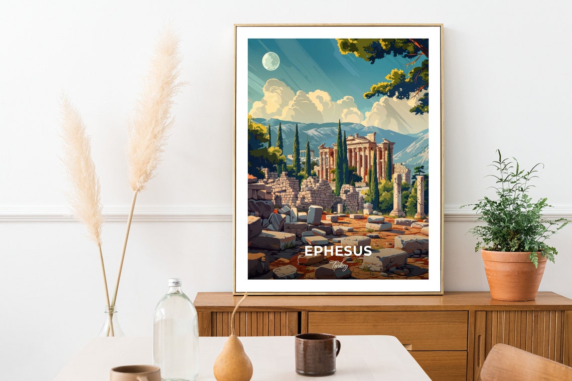 Ephesus Turkey Moonlit Ancient Column Ruins Vintage Travel Poster - Image 2