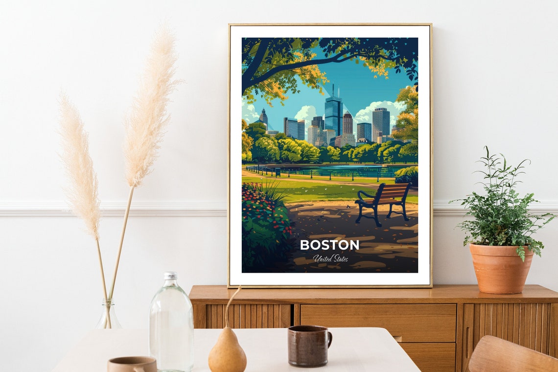 Boston Common Skyline View Park Bench City Travel Art Poster - Image 2