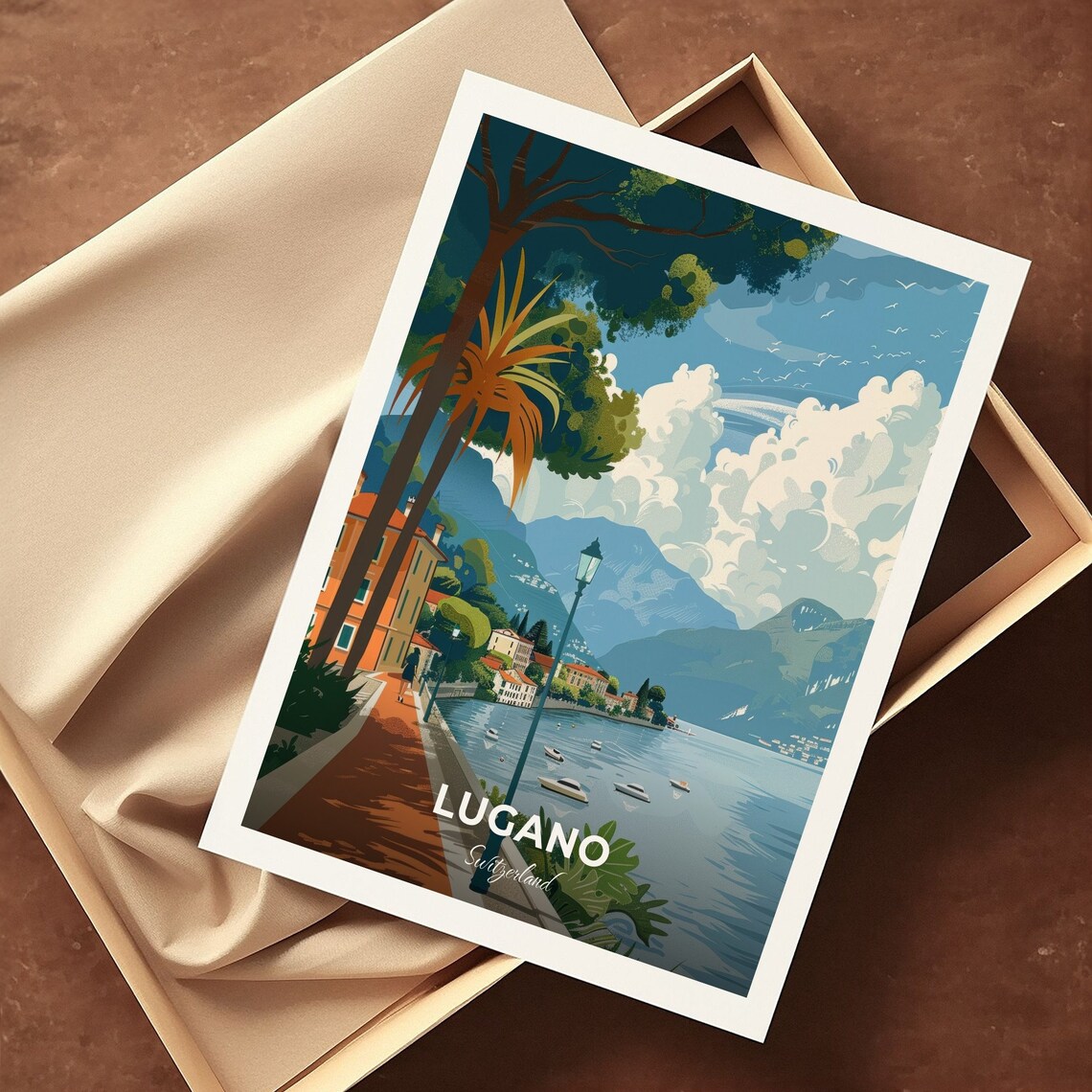 Lugano Switzerland Palm Promenade Lakeside Boats Mountain Travel Poster - Image 3