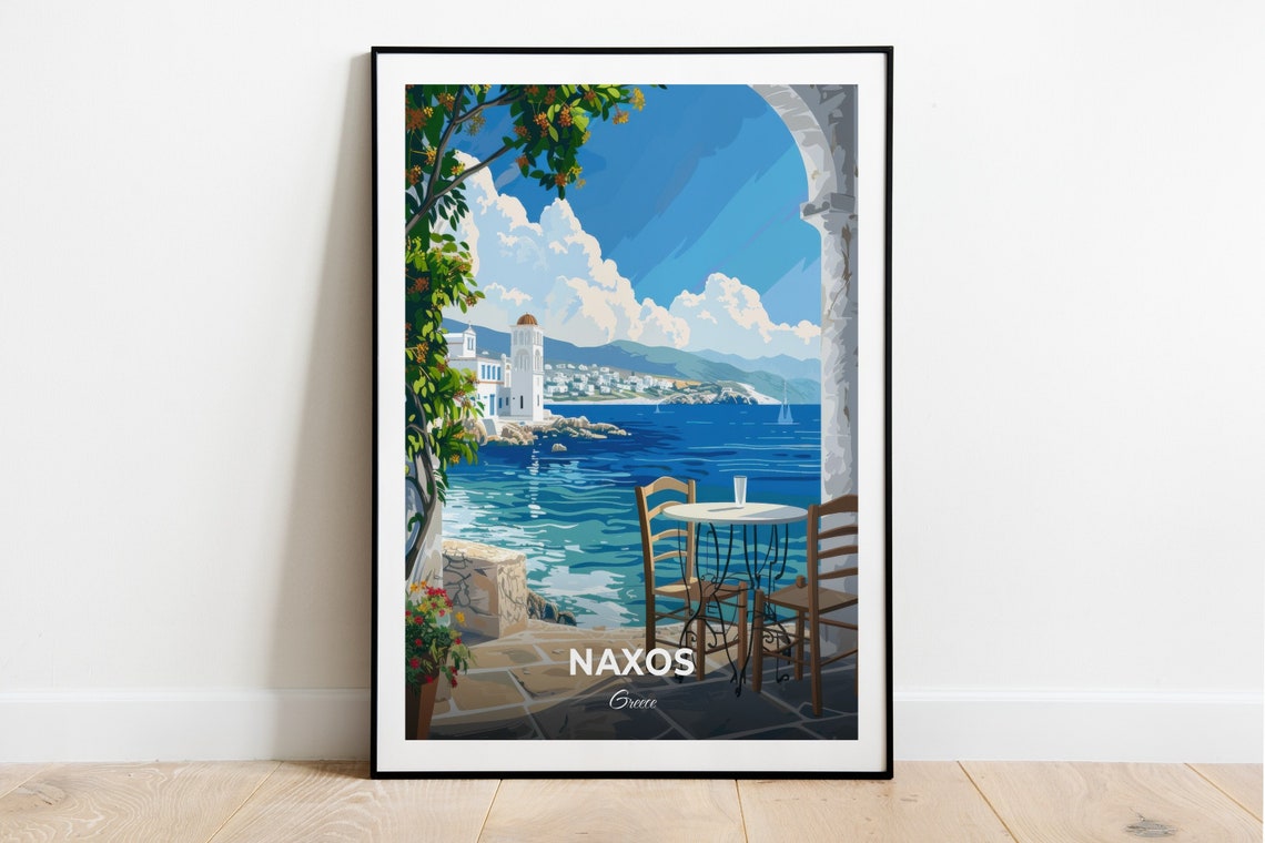Naxos Greece Seaside Cafe Terrace Overlook Aegean Sea Travel Poster