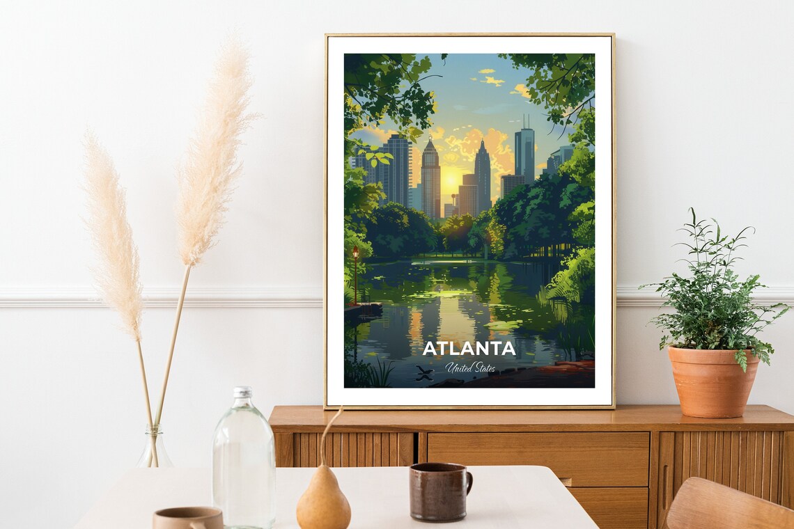 Atlanta Georgia Piedmont Park Lake Sunset Skyline Travel Poster - Image 2