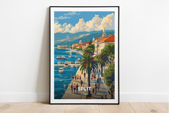 Split Croatia Riva Promenade Palms Harbor Boats Seafront Travel Poster