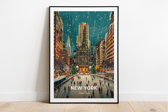 New York United States Manhattan Night Ice Rink Travel Poster