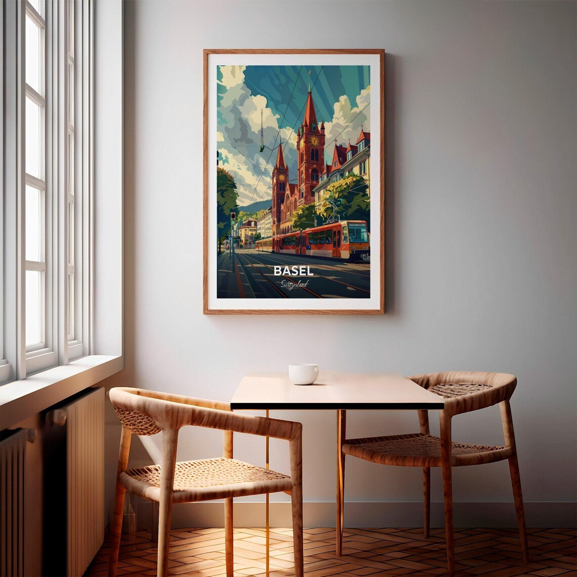 Basel Switzerland Red Church Towers Tram Street Scene Travel Poster - Image 2