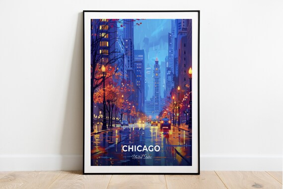 Chicago Magnificent Mile Rainy Night Clock Tower United States Poster