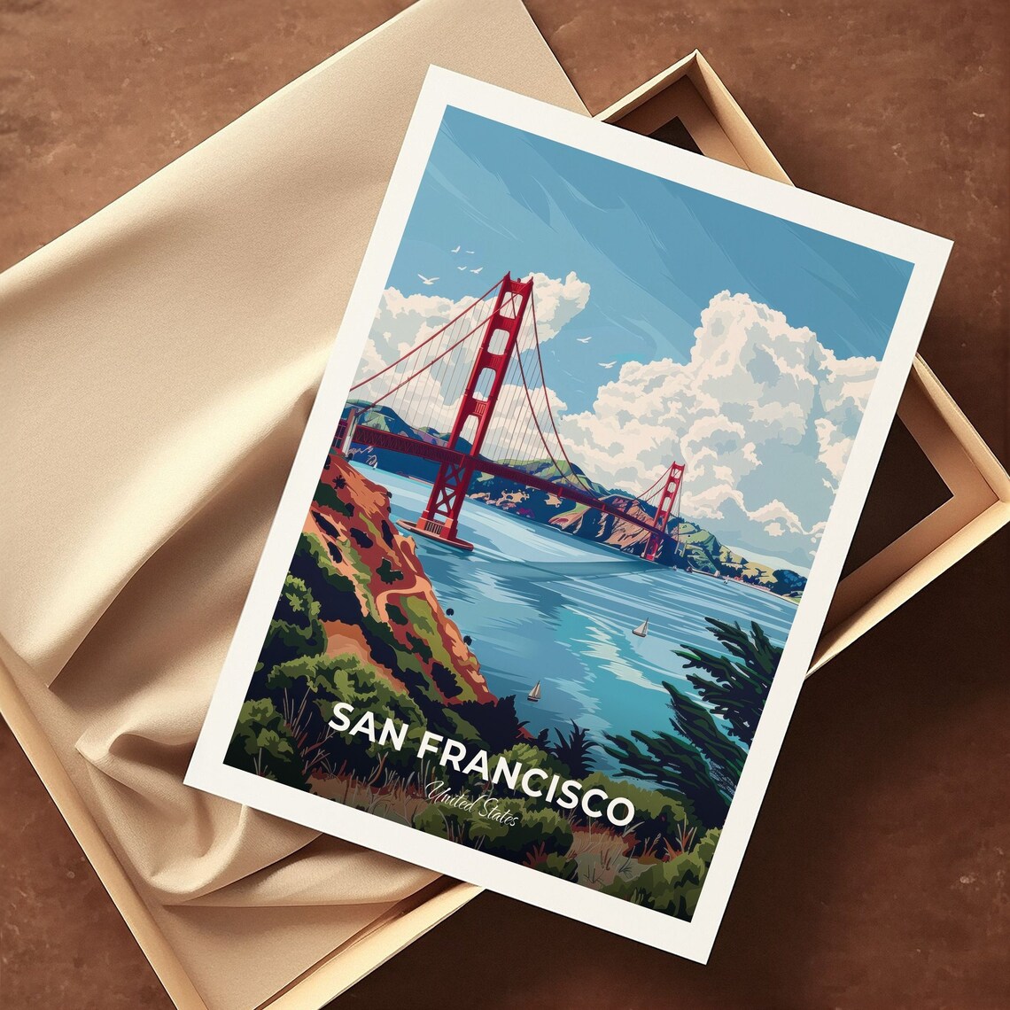 San Francisco Golden Gate Bridge Bay Sailboats USA Vintage Travel Poster - Image 3