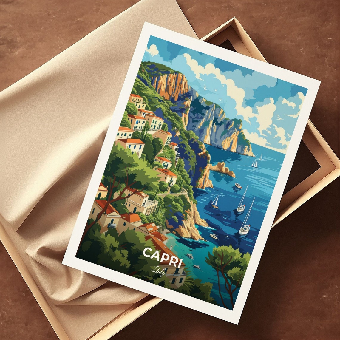 Capri Italy Anacapri Cliffs Villas Blue Sea Boats Travel Poster - Image 3