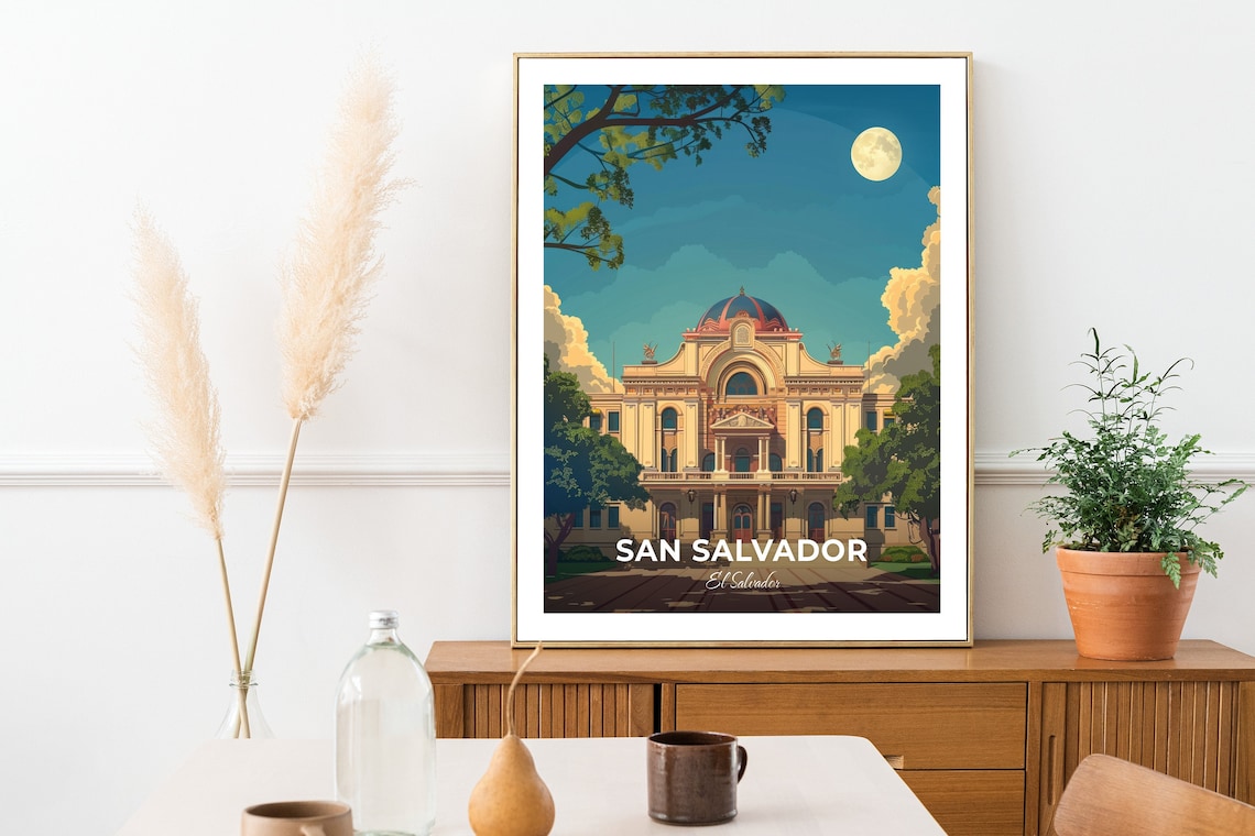 San Salvador National Theater Moonlit Facade El Salvador Travel Poster - Image 2