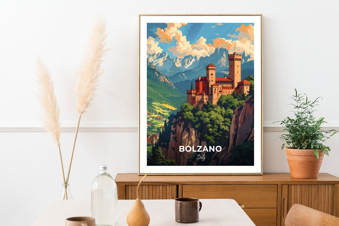 Bolzano Italy Cliffside Castle Alpine Peaks Mountain Travel Poster - Image 2