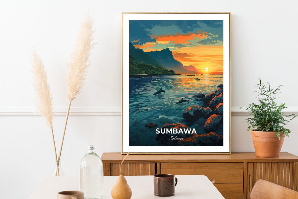 Sumbawa Indonesia Sunset Dolphins Rocky Shore Mountain View Poster - Image 3