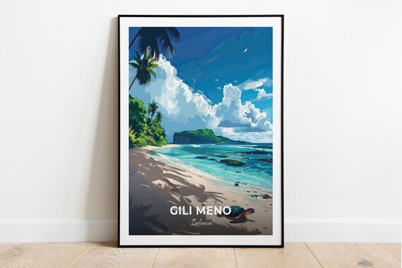 Gili Meno Travel Poster Turtle Sanctuary City Print Cityscape Artwork Birthday Wedding Gift Wall Art Location Print Home Decor