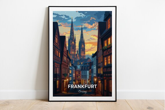 Frankfurt Germany Gothic Cathedral Sunset Old Town Glowing Street Poster