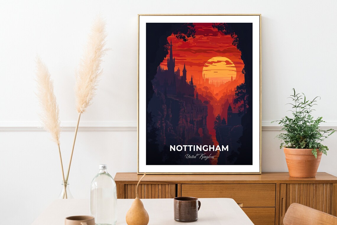 Nottingham City Of Caves Arch Silhouette Sunset Glow Travel Poster - Image 2