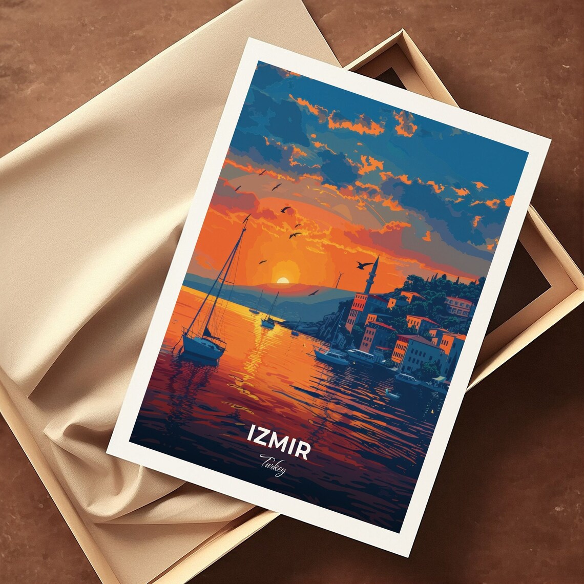 Izmir Asansor Sunset Bay Sailboats Mosque Turkey Travel Poster - Image 3