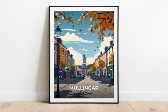 Mullingar Ireland Market Square Autumn Street Clock Tower Travel Poster