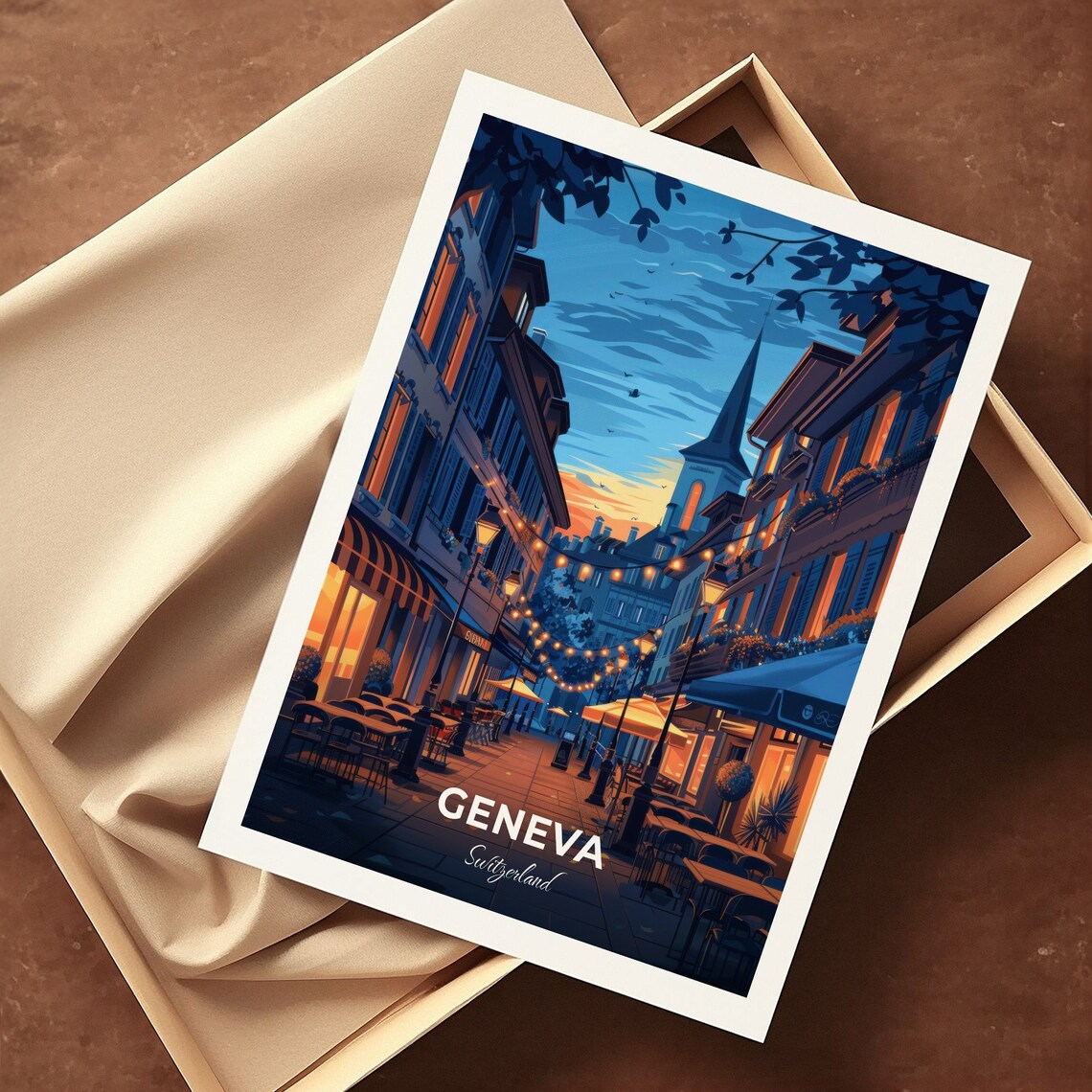 Geneva Old Town Evening Cafe Street Lights Switzerland Night Travel Poster - Image 3
