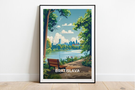 Bratislava Slovakia Forest Park Lake Bench City Skyline Travel Poster