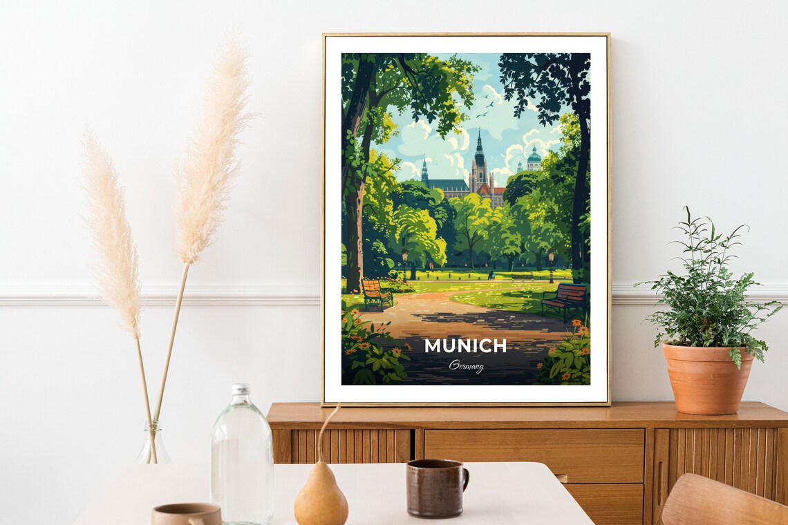 Munich English Garden Park Benches Church Spire Travel Poster - Image 2