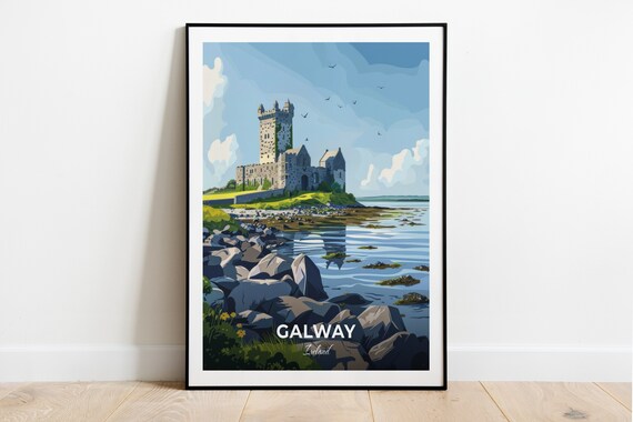 Galway Castle On A Rocky Shoreline Under Blue Sky Ireland Travel Poster