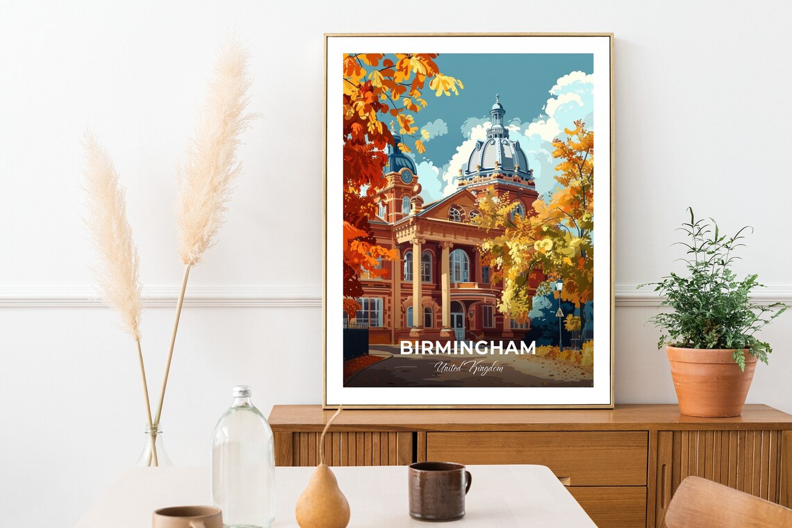 Birmingham United Kingdom Autumn Domed Historic Building Golden Poster - Image 2
