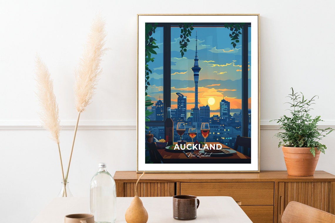 Auckland Sky Tower Sunset Skyline Wine Dinner View New Zealand Poster - Image 3