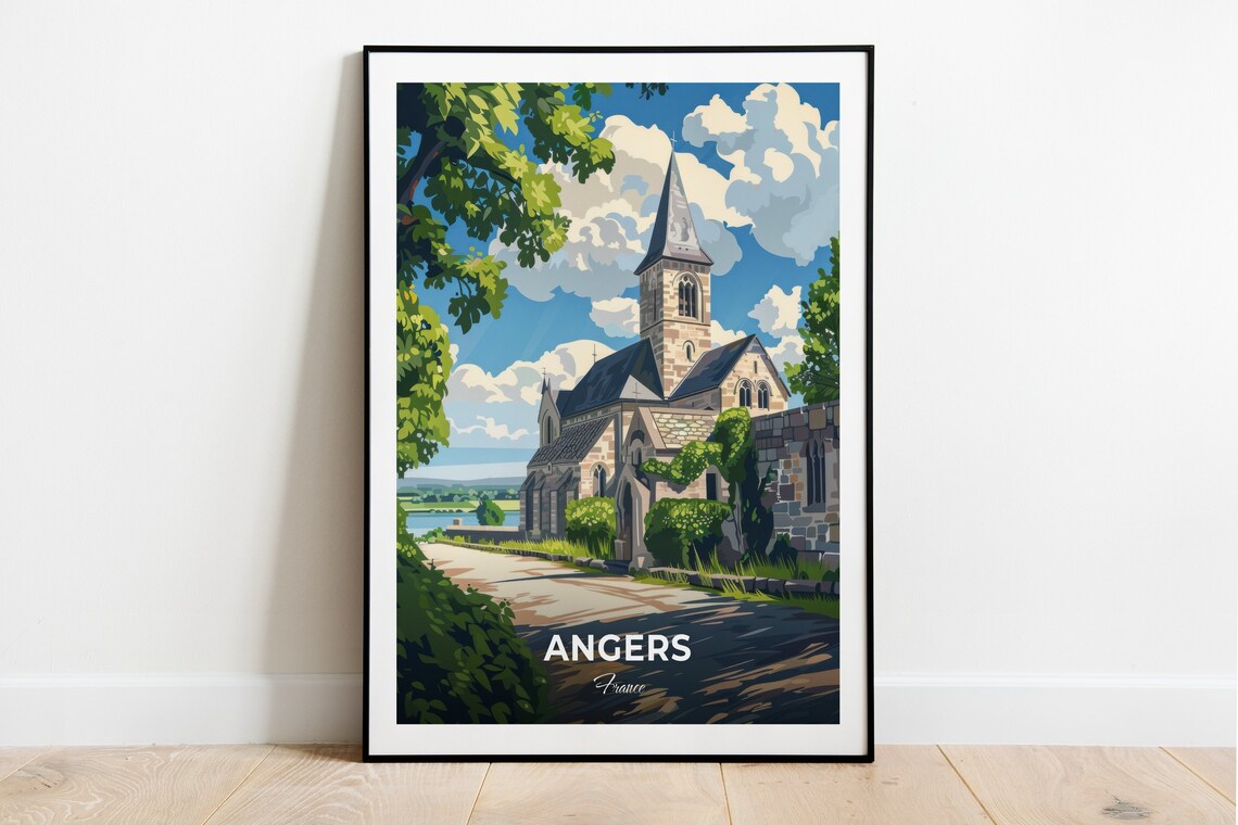 Angers France Stone Abbey Church Sunny Garden Landscape Travel Poster