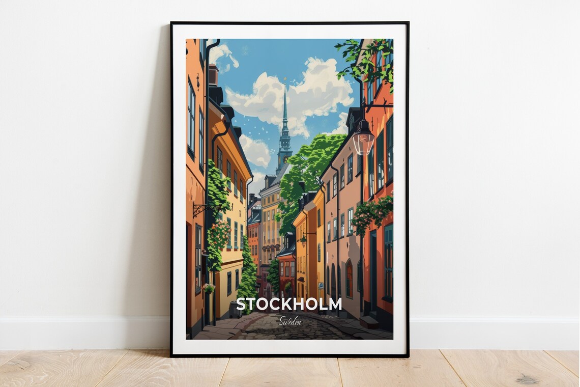 Stockholm Sweden Old Town Cobblestone Street Colorful Facades Poster