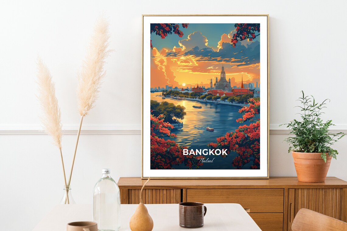 Bangkok Thailand Rattanakosin Sunset River Temple View Travel Poster - Image 2