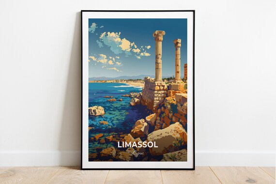 Limassol Cyprus Ancient Columns Turquoise Shore Travel Poster