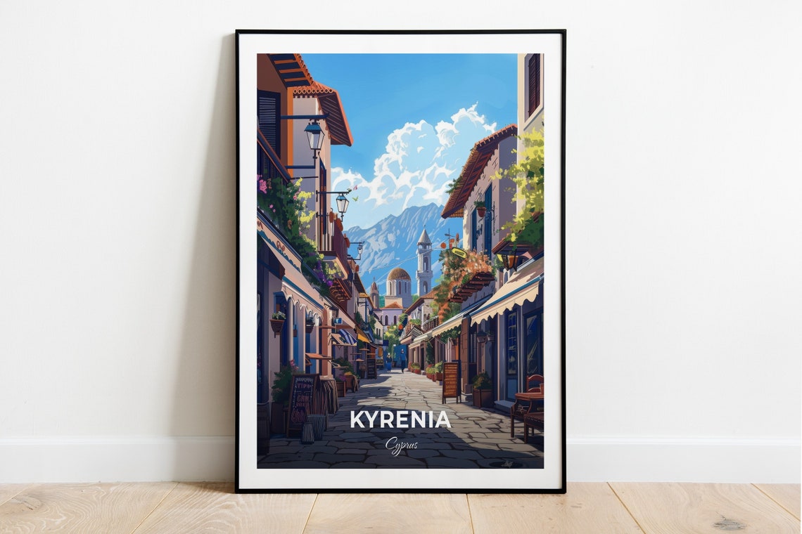 Kyrenia Cyprus Old Bazaar Street Shops Mountain View Travel Poster