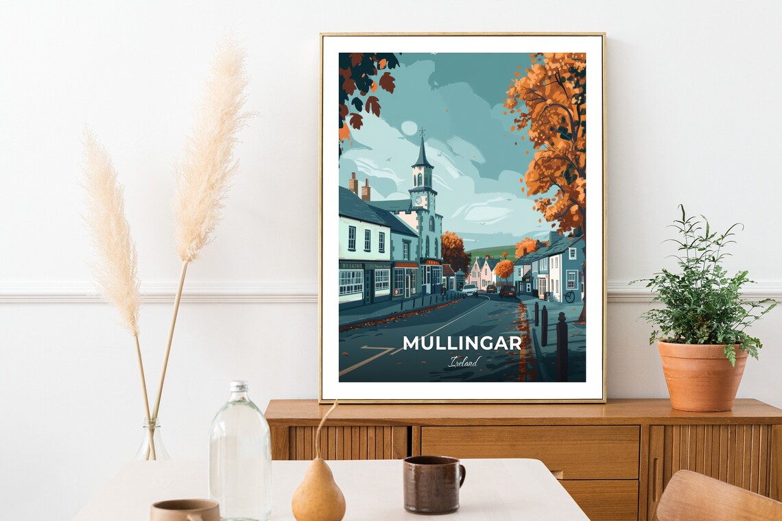 Mullingar Ireland Autumn Street with Clock Tower Vintage Travel Poster - Image 2