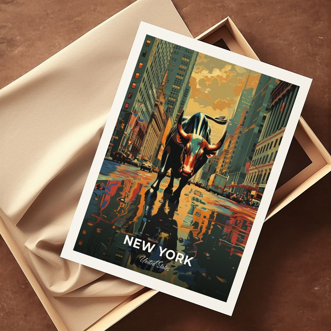 New York Wall Street Charging Bull Travel Poster Golden City Art - Image 3