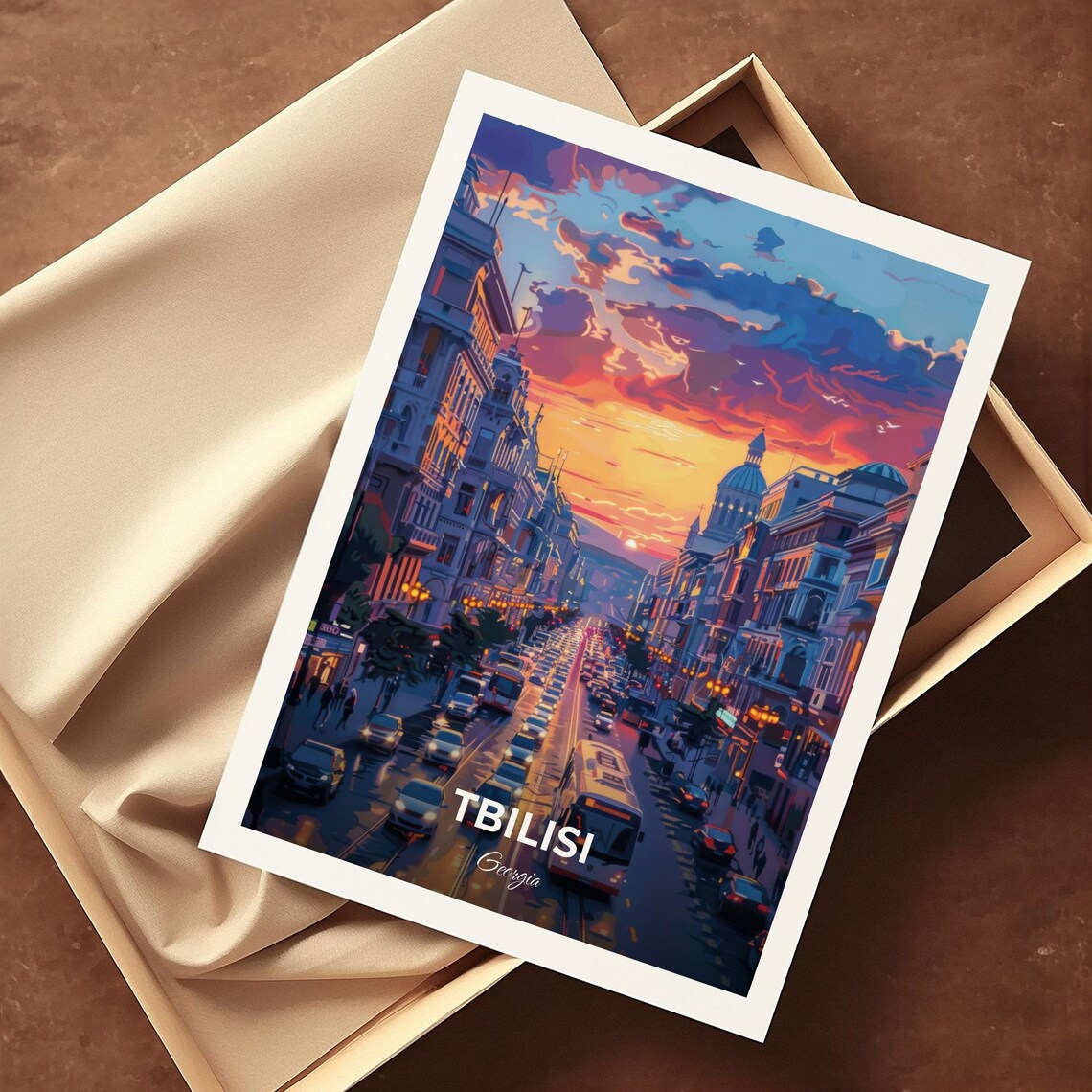 Tbilisi Georgia Rustaveli Avenue Sunset Traffic City Lights Travel Poster - Image 3