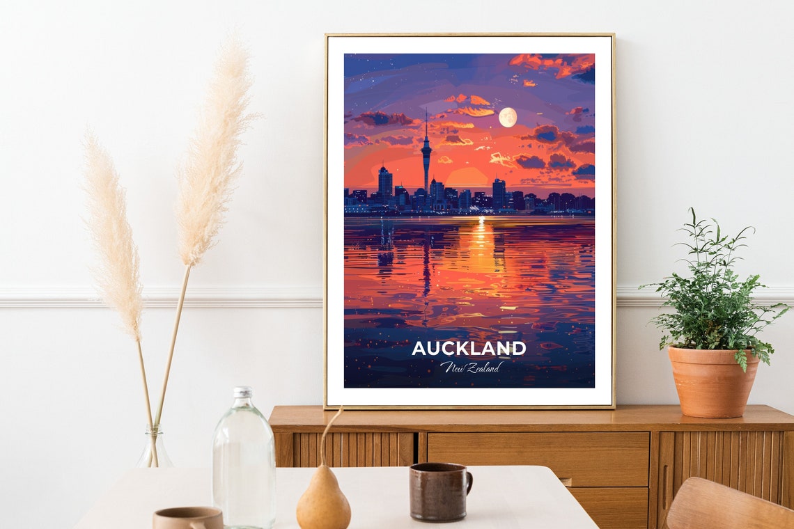 Auckland Mission Bay Night Skyline Moon Reflection Travel Poster - Image 2