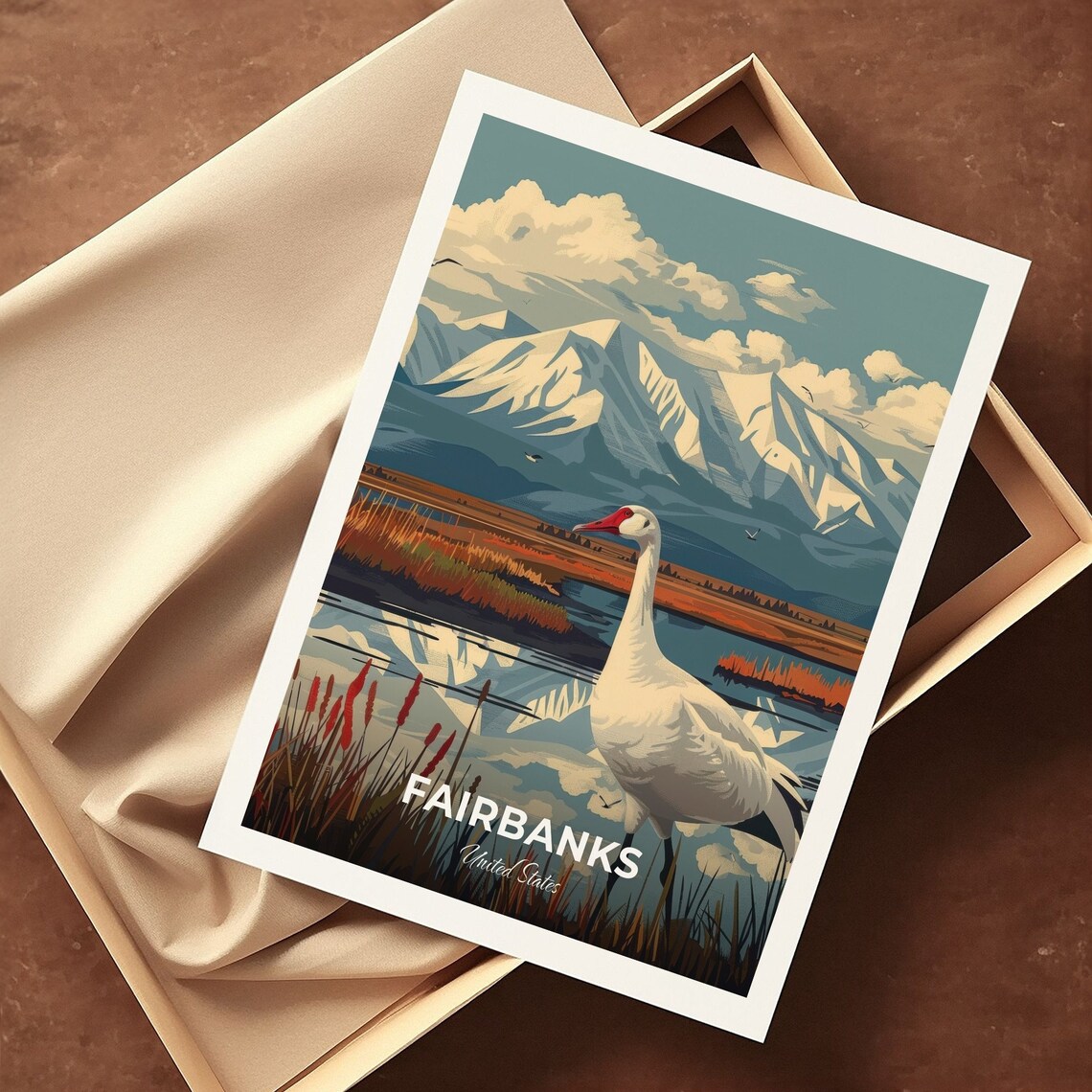 Fairbanks Alaska Wetland Goose Snowy Mountain Wildlife Travel Poster - Image 3