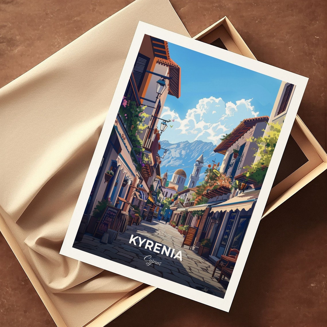 Kyrenia Cyprus Old Bazaar Street Shops Mountain View Travel Poster - Image 3