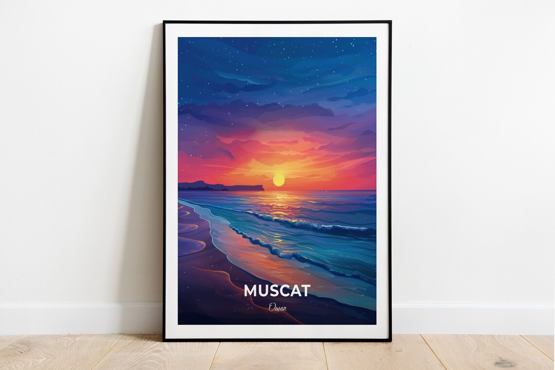 Muscat Oman Qurum Beach Ocean Sunset Waves Night Sky Travel Poster
