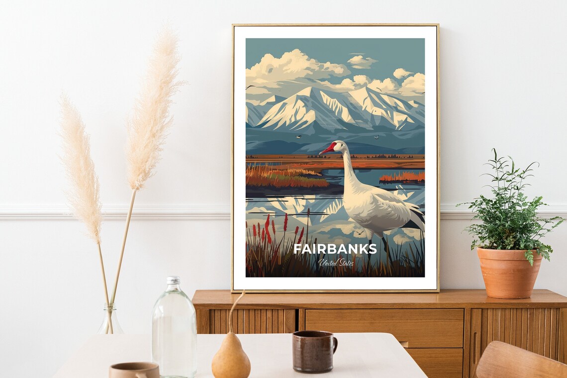 Fairbanks Alaska Wetland Goose Snowy Mountain Wildlife Travel Poster - Image 2