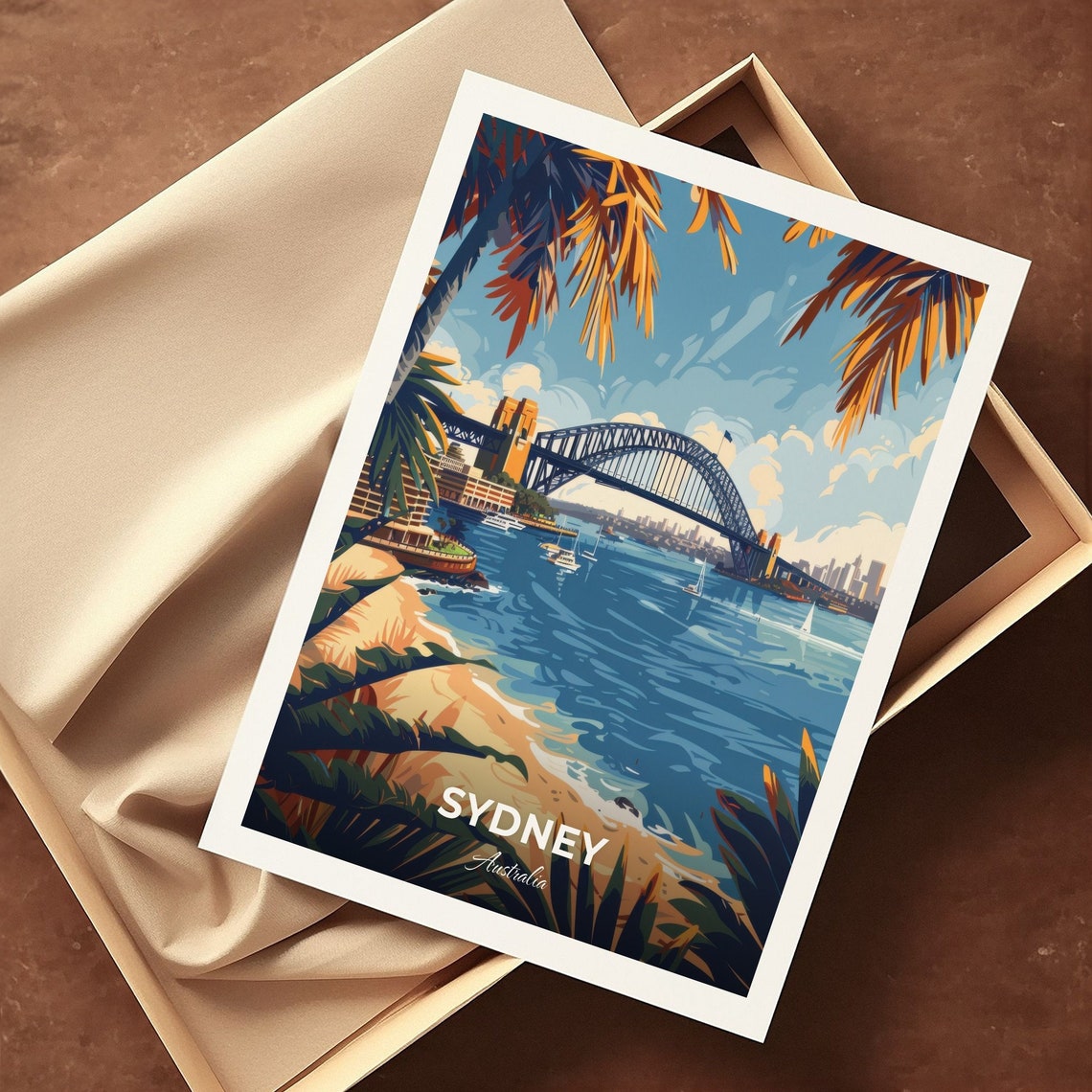 Sydney Harbour Bridge Palm Framed Beach View Travel Scene Poster - Image 3