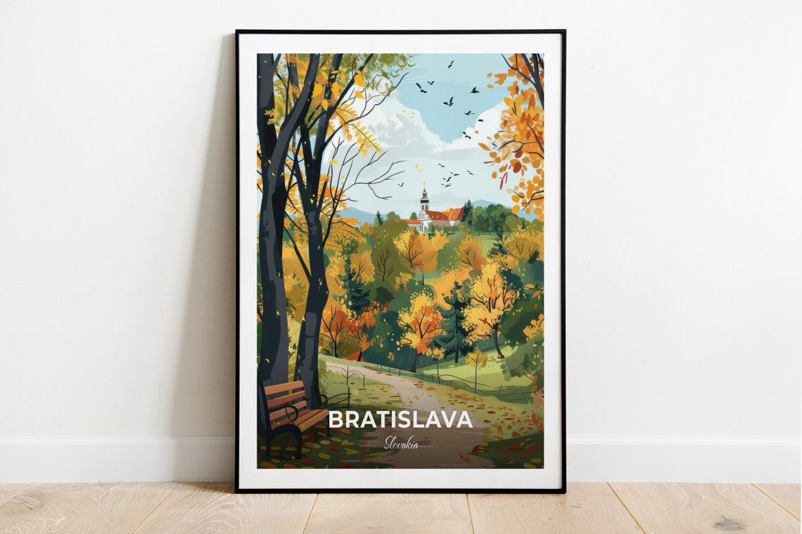 Bratislava Autumn Park Golden Trees Bench Slovakia Fall Travel Poster