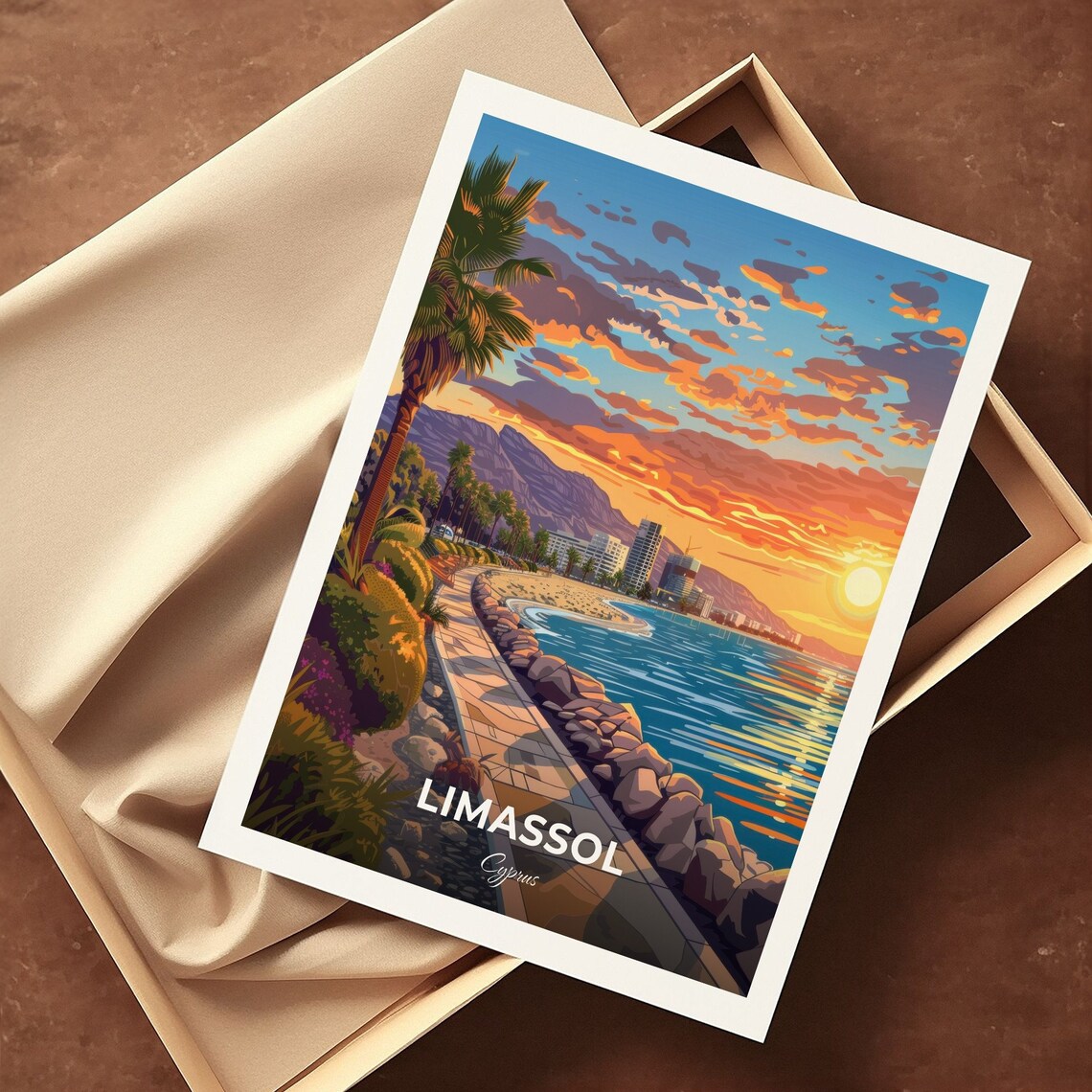 Limassol Promenade Sunset With Palm Trees And Beach Cyprus Travel Poster - Image 3