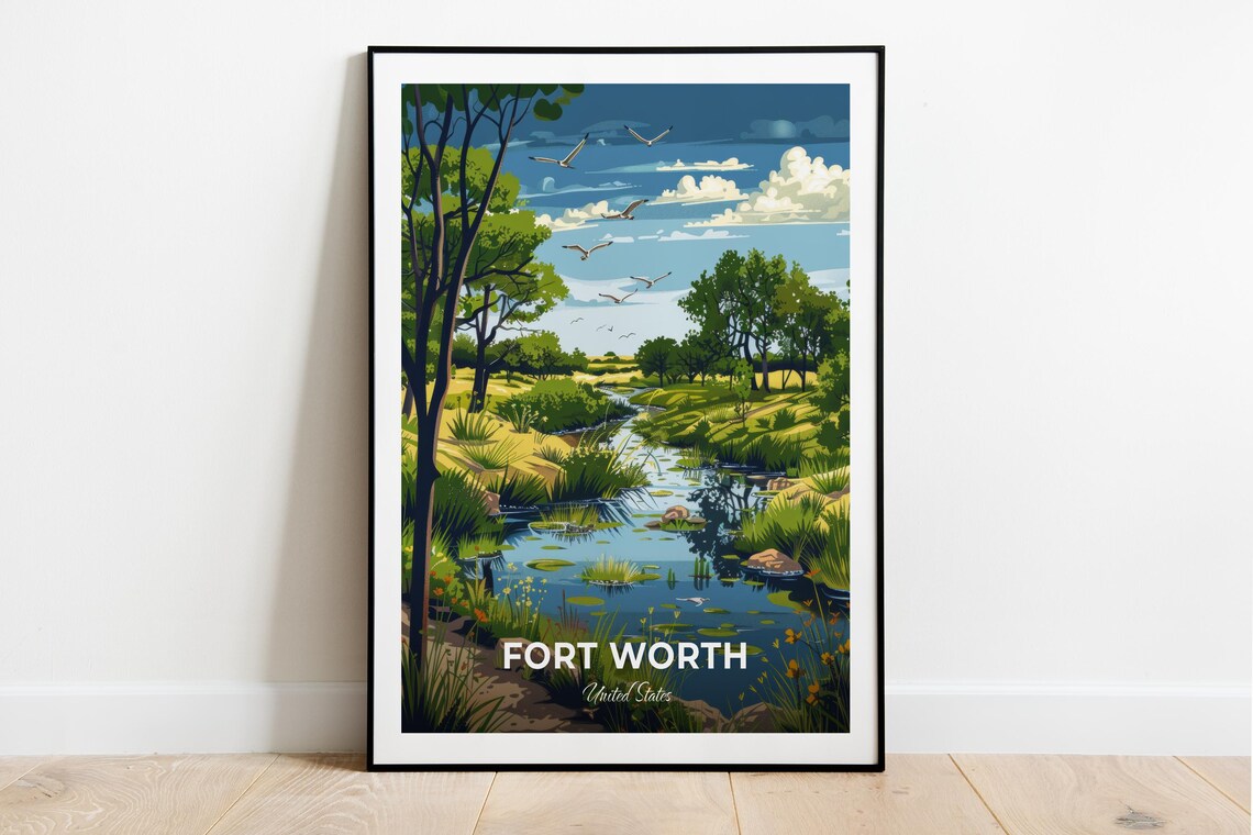 Fort Worth Texas Creek Wetland Birds Nature Scene Travel Poster