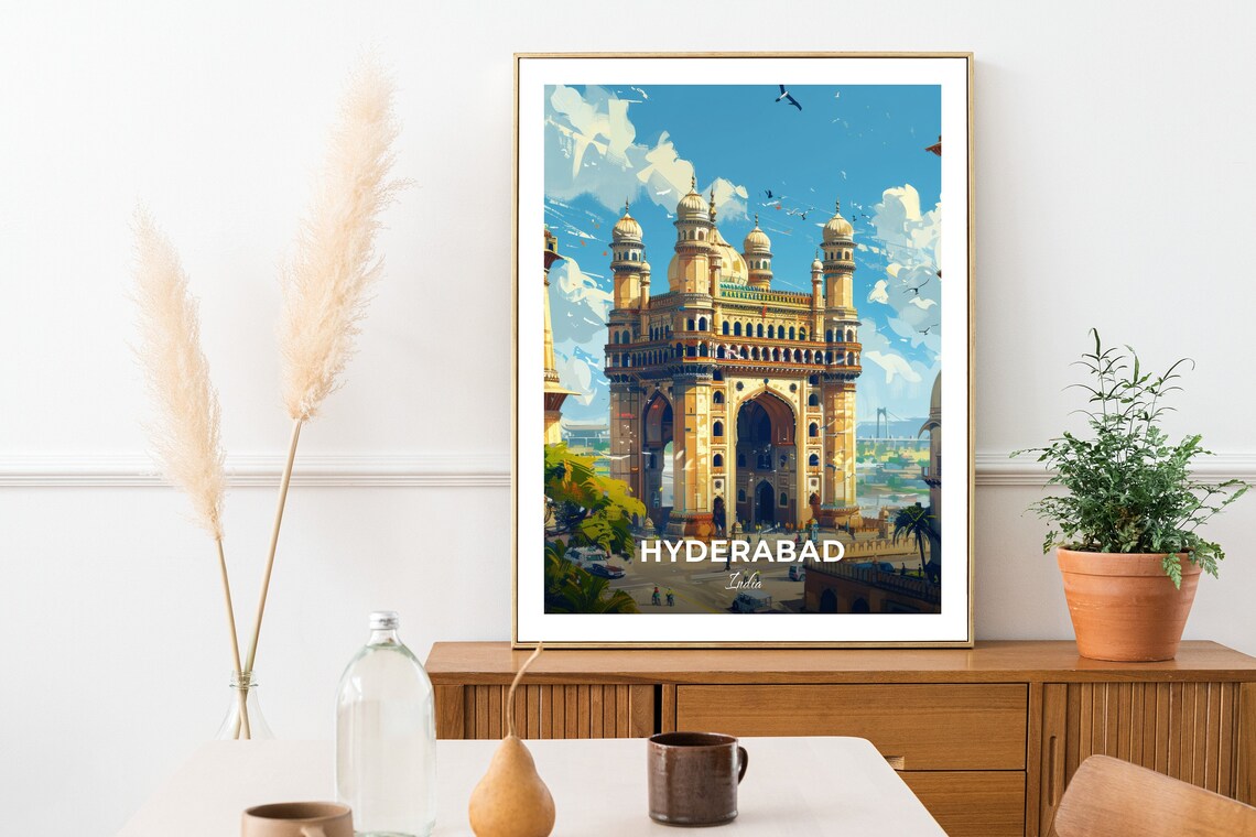 Hyderabad India Charminar Monument Arches Birds Vintage Travel Poster - Image 2