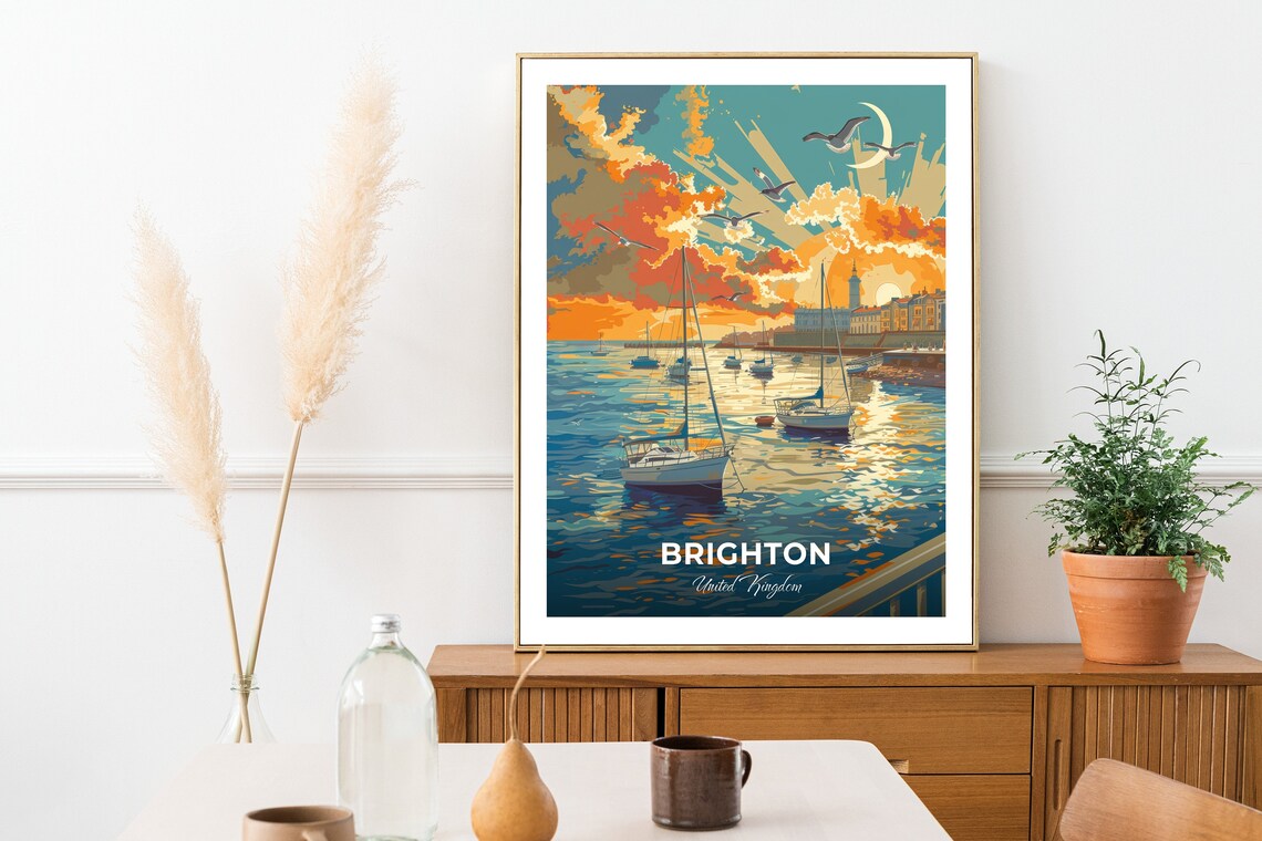 Brighton United Kingdom Marina Sunset Sailboats Gulls Golden Water Poster - Image 2