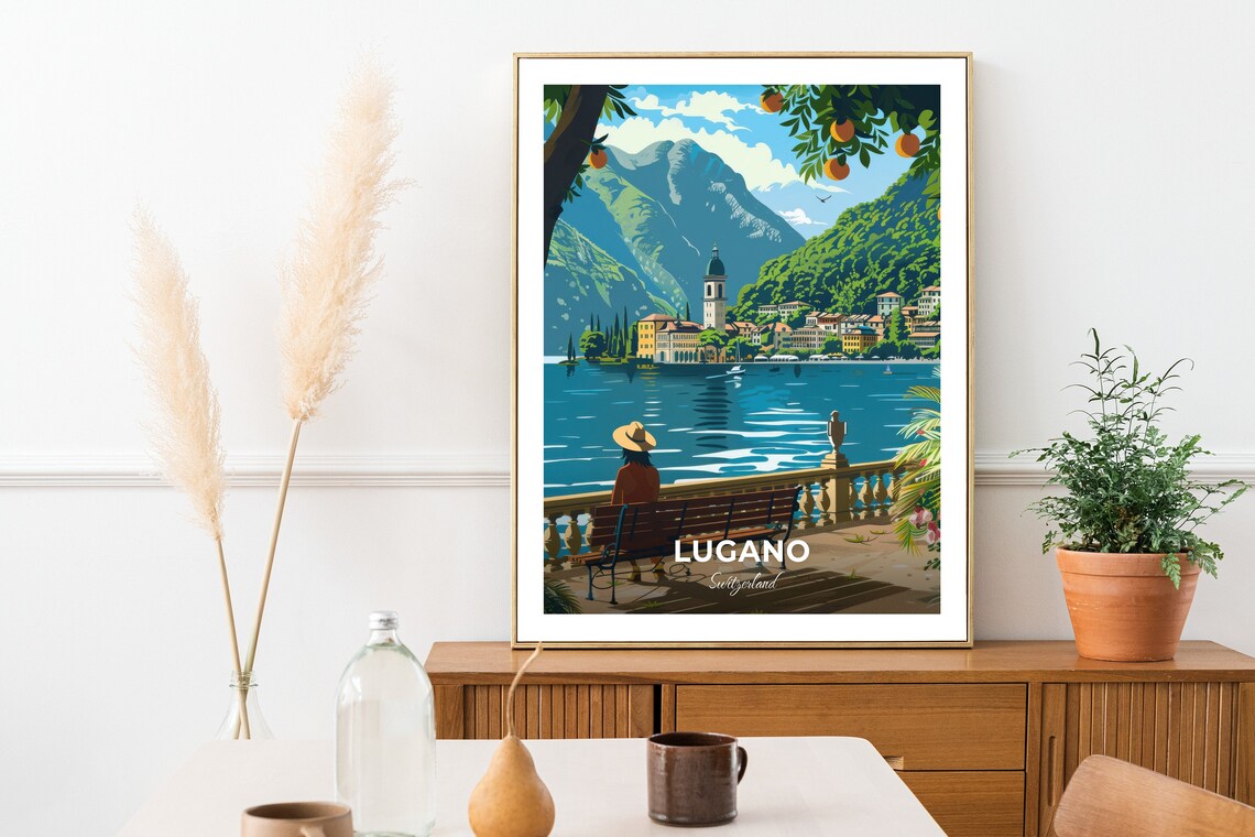 Lugano Switzerland Lakeside Mountain Village View Travel Poster - Image 2