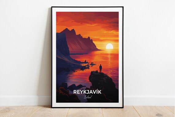 Reykjavik Iceland Travel Poster Fiery Sunset Sea Cliff Artwork