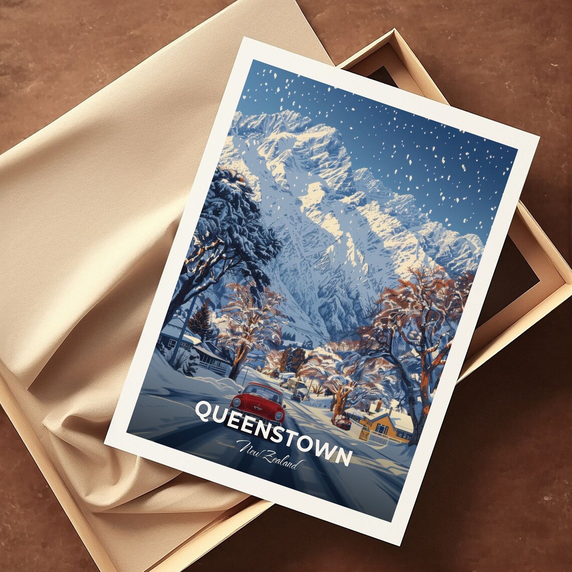 Queenstown Remarkables Snowy Street Winter Red Car Travel Poster - Image 3