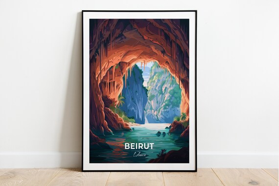 Beirut Lebanon Jeita Grotto Cave Lagoon Travel Illustration Poster