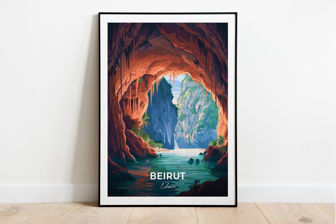 Beirut Lebanon Jeita Grotto Cave Lagoon Travel Illustration Poster